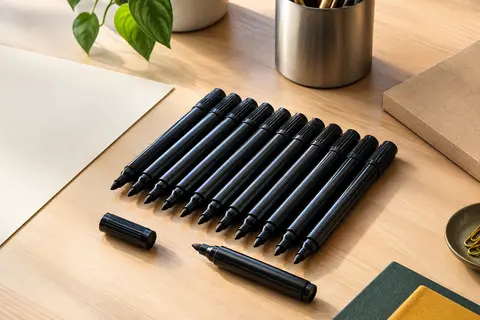 Lot de marqueurs permanents noirs à pointe ogive disposés sur un bureau avec papier ivoire et carton