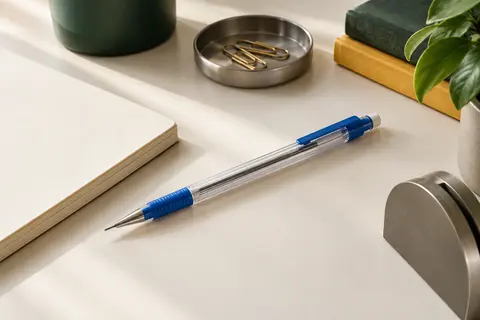 Porte-mines bleu et transparent à mine graphite fine, avec gomme intégrée, posé sur un bureau rangé.