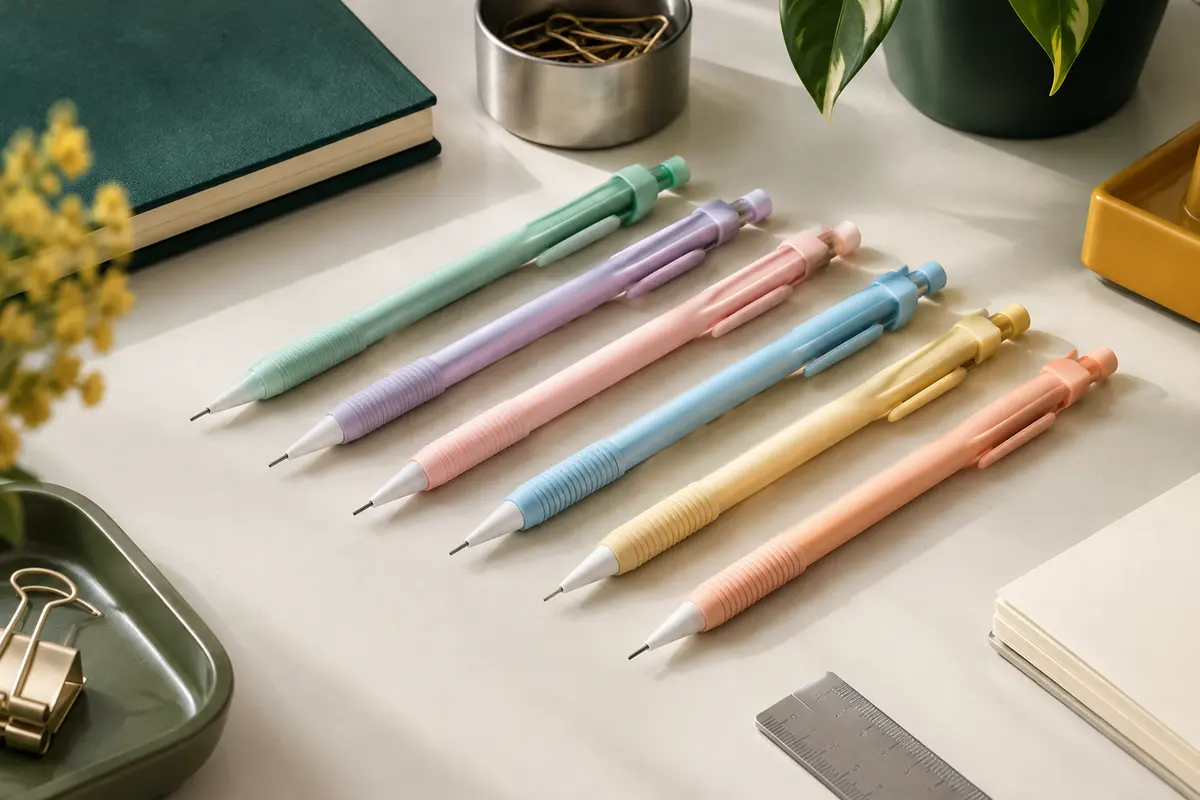 Porte-mines BIC pastel avec gomme intégrée, disposés sur du papier ivoire à côté d’accessoires de bureau.