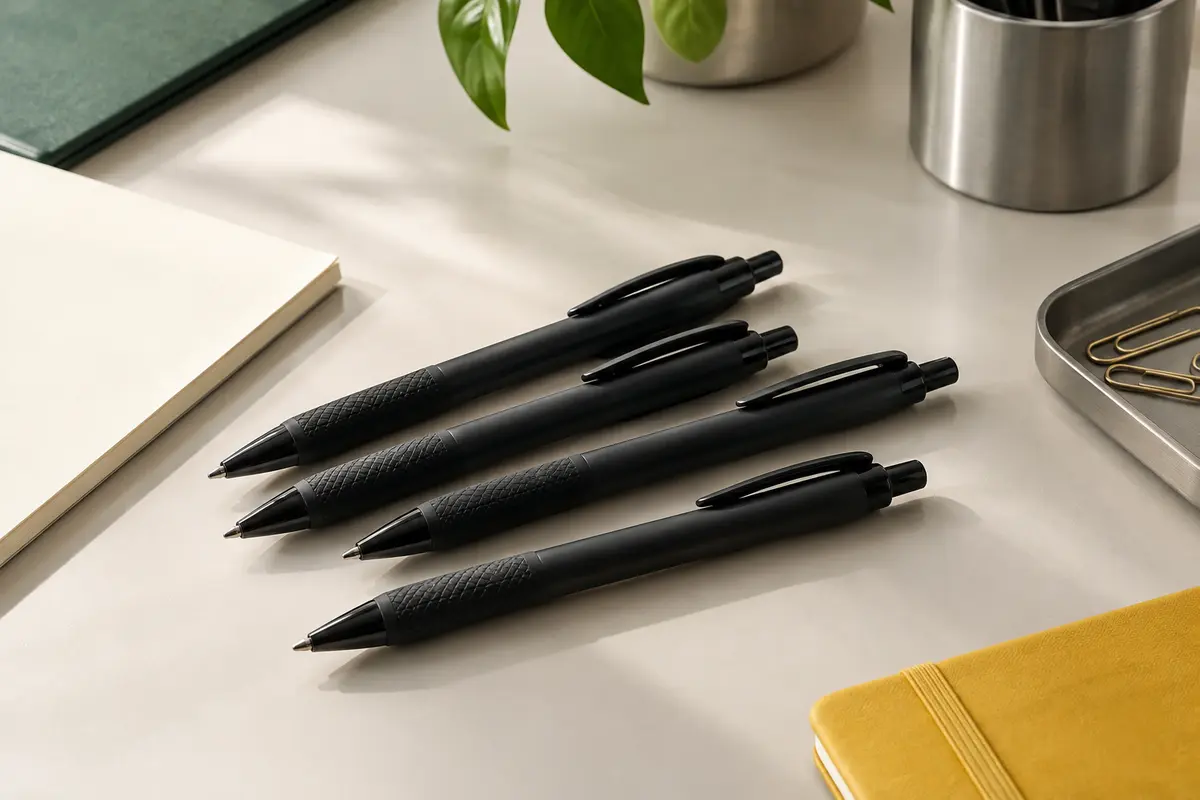 Stylos-bille noirs rétractables à grip en caoutchouc posés sur un bureau avec du papier ivoire