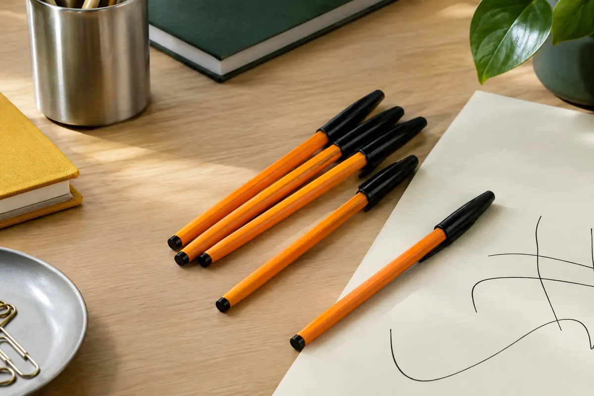 Stylos à bille orange à capuchon noir disposés sur un bureau avec du papier ivoire