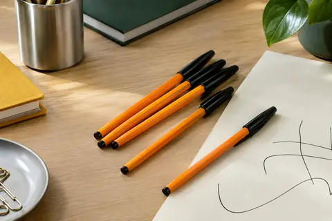 Stylos à bille orange à capuchon noir disposés sur un bureau avec du papier ivoire
