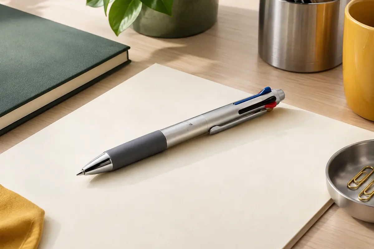 Stylo multifonction argenté à trois encres et mine graphite posé sur un bureau avec papier ivoire