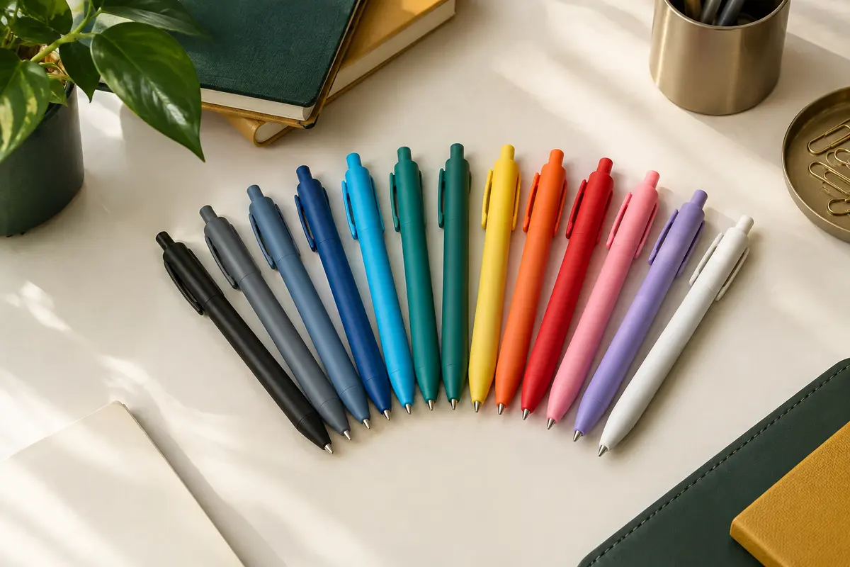 Treize stylos gel rétractables de couleurs assorties posés sur un bureau avec du papier ivoire.