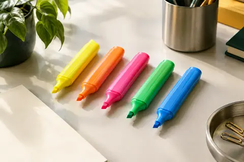 Cinq surligneurs à pointe biseautée en jaune, orange, rose, vert et bleu sur un bureau clair.