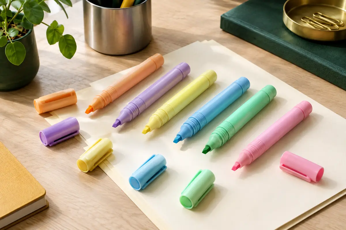 Six surligneurs pastel BIC à pointe biseautée et grip rainuré posés sur un bureau clair