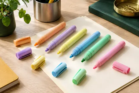 Six surligneurs pastel BIC à pointe biseautée et grip rainuré posés sur un bureau clair