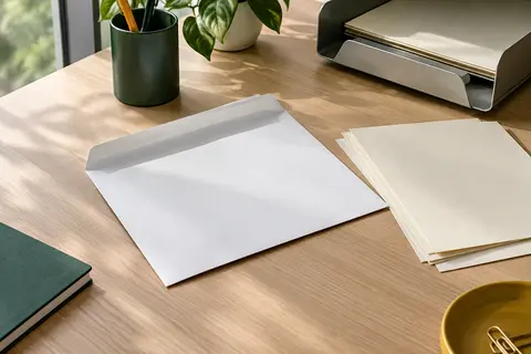 Enveloppe blanche Blake au format C4, sans fenêtre, posée avec des feuilles ivoire sur un bureau rangé.