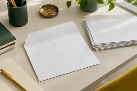 Lot d’enveloppes blanches C4 sans fenêtre, avec fermeture autocollante, présenté sur un bureau rangé.