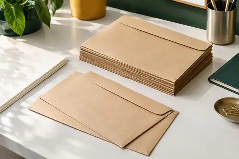 Lot d’enveloppes C4 manille sans fenêtre, empilées sur un bureau lumineux avec du papier ivoire.