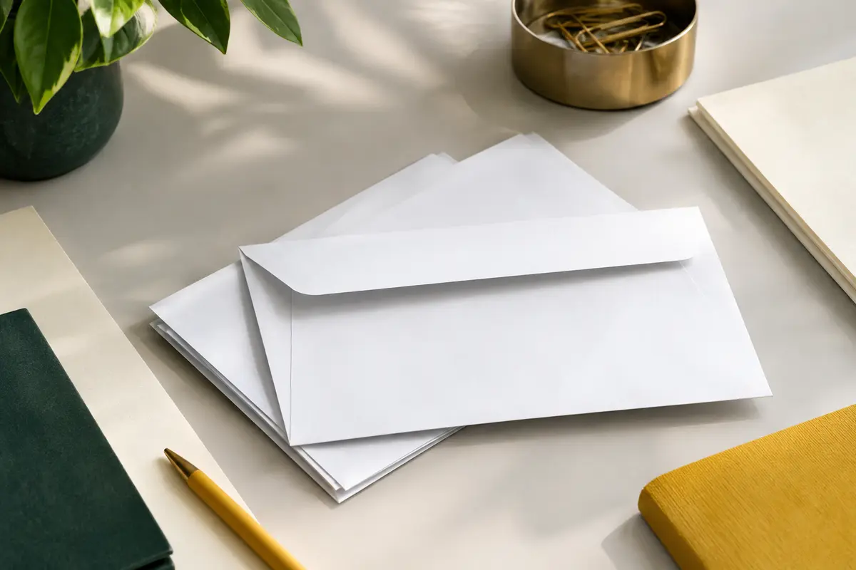 Lot d’enveloppes blanches C5 posé sur un bureau clair avec du papier ivoire et des accessoires sobres.
