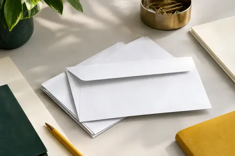 Lot d’enveloppes blanches C5 posé sur un bureau clair avec du papier ivoire et des accessoires sobres.