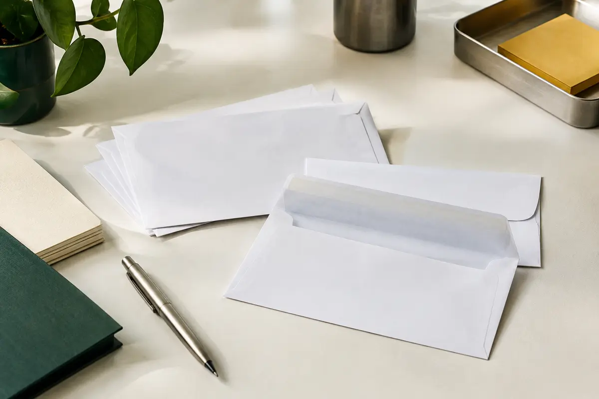 Enveloppes blanches Blake au format C6 disposées sur un bureau clair, avec leur rabat autocollant visible.