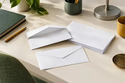 Enveloppes blanches au format DL posées sur un bureau clair avec des accessoires vert profond et jaune safran