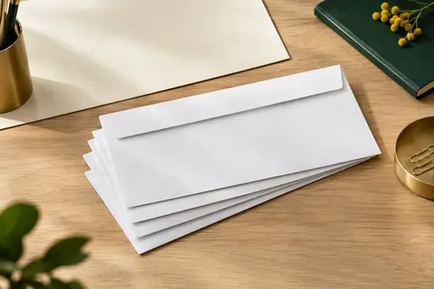 Enveloppes blanches DL sans fenêtre, avec rabat auto-adhésif, disposées sur un bureau clair