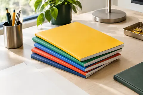Lot de cahiers A4 aux couvertures souples et aux couleurs vives assorties, posé sur un bureau rangé.
