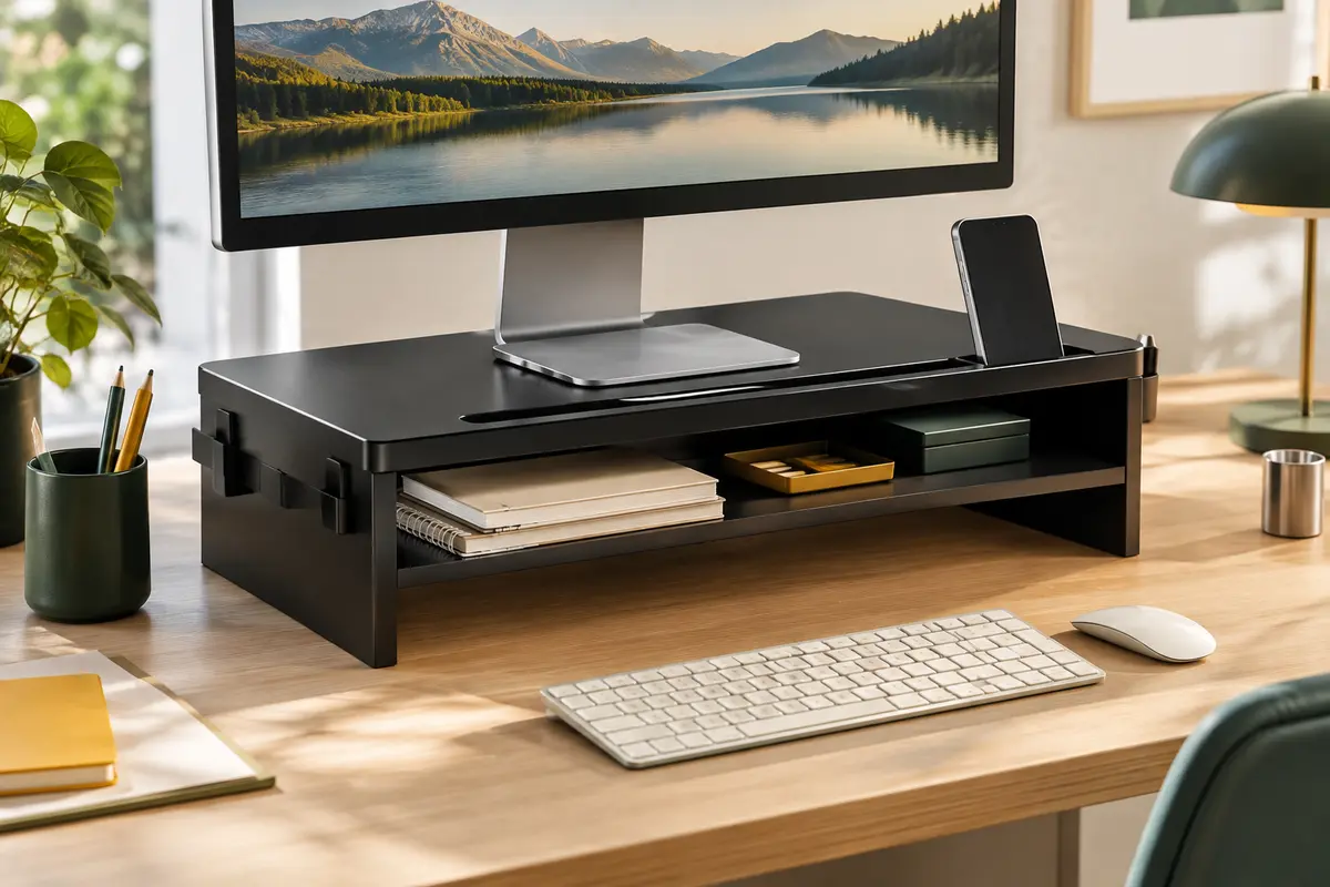 Rehausseur de bureau noir à deux niveaux avec rainure pour câbles et fente pour téléphone