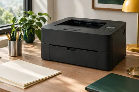 Imprimante laser monochrome noire sur un bureau rangé avec papier ivoire et accessoires de bureau