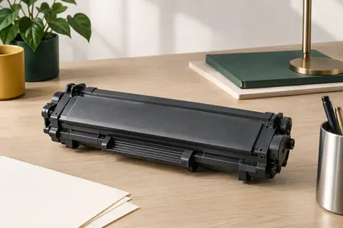 Cartouche de toner noire Brother TN-2420 posée sur un bureau clair avec du papier ivoire.