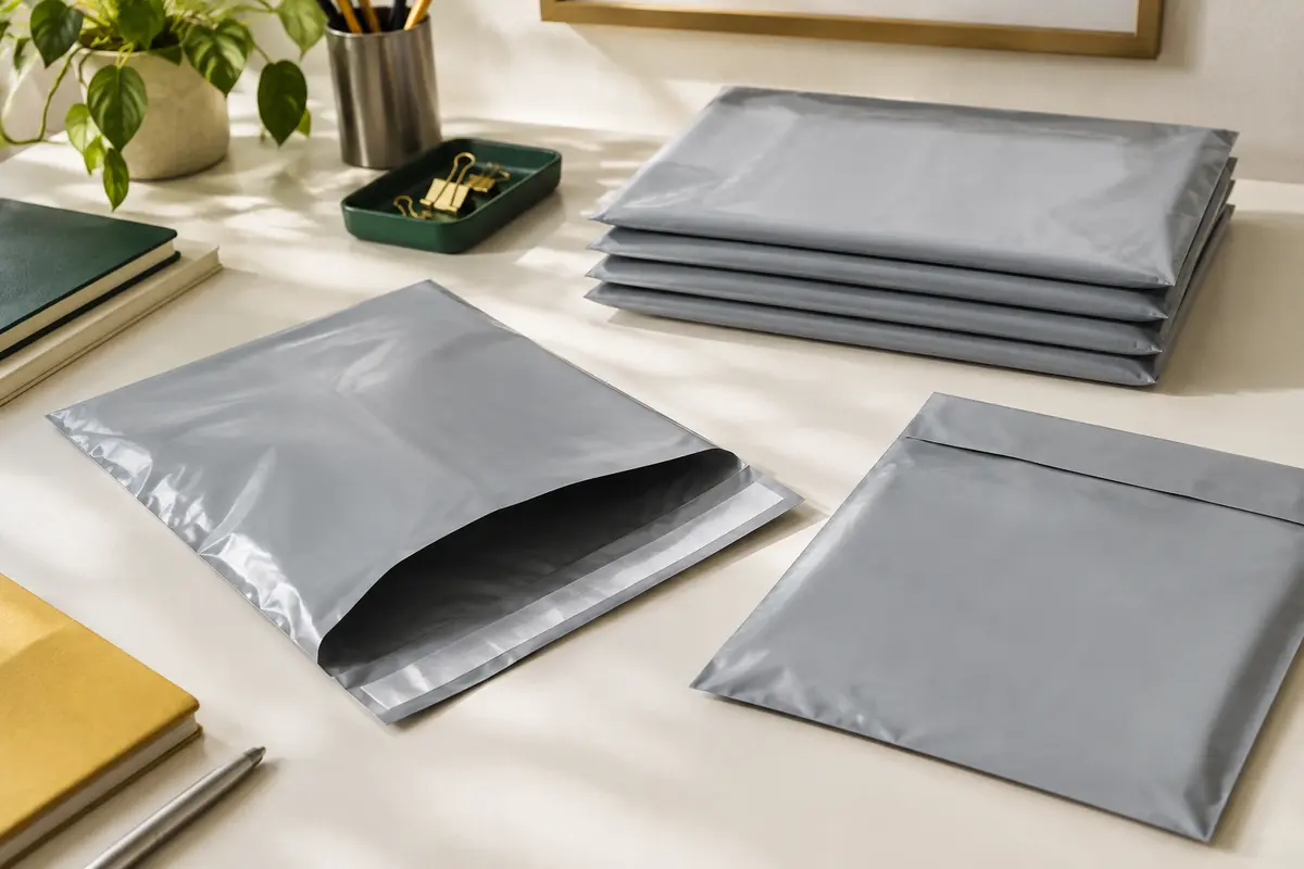 Lot de pochettes d’expédition grises opaques grand format avec rabat adhésif, présenté sur un bureau rangé.