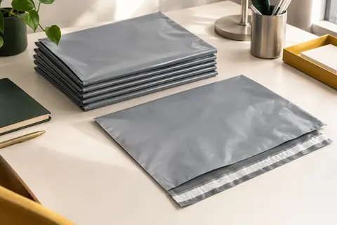 Lot de pochettes d’expédition grises Calzette de 43 x 60 cm présenté sur un bureau rangé