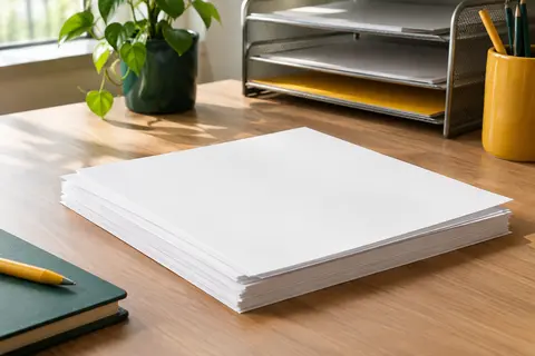 Pile de feuilles blanches A4 non couchées posée sur un bureau clair avec des accessoires de rangement