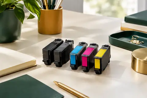 Lot de cinq cartouches d’encre noires et couleur posé sur un bureau lumineux avec du papier ivoire.