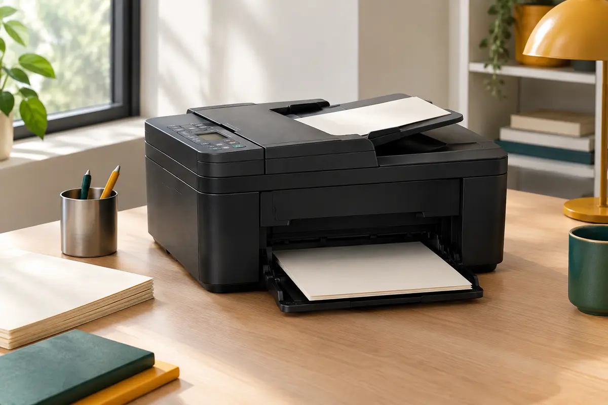 Imprimante multifonction noire Canon PIXMA TR4755i installée sur un bureau rangé avec du papier ivoire.