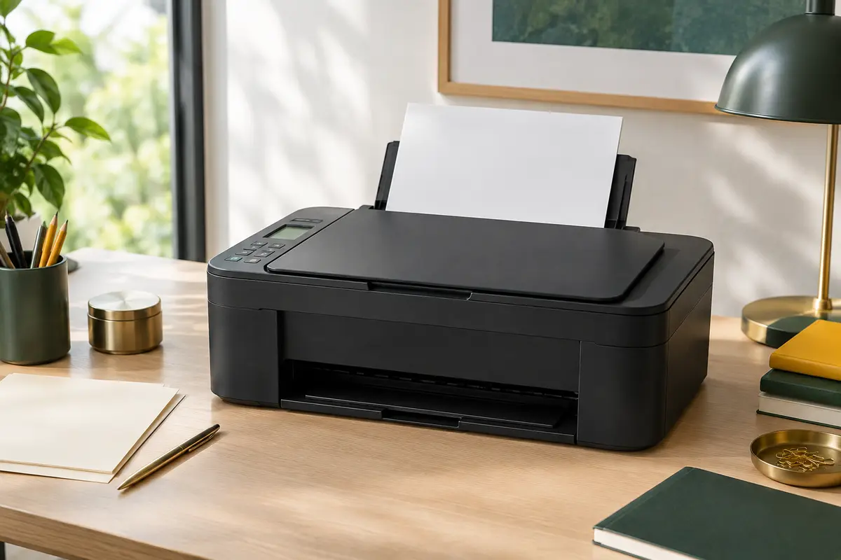 Imprimante multifonction Canon PIXMA TS3350 noire posée sur un bureau clair avec du papier ivoire