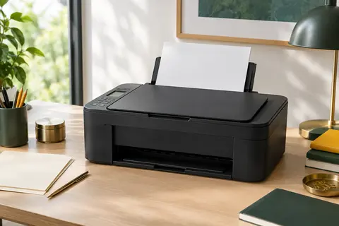 Imprimante multifonction Canon PIXMA TS3350 noire posée sur un bureau clair avec du papier ivoire