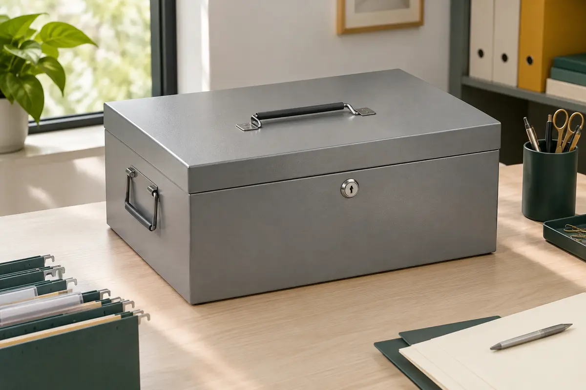 Boîte de classement métallique grise pour documents A4 avec poignée pliable et dossiers suspendus