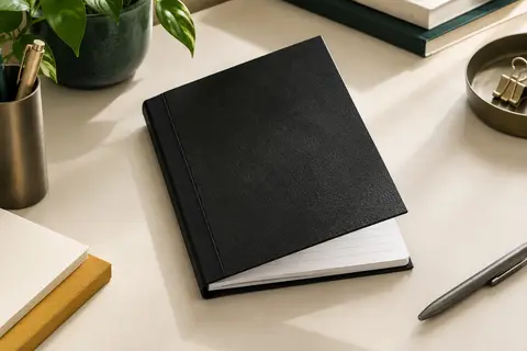 Carnet Clairefontaine noir au format A5, couverture à grain cuir et dos toilé, posé ouvert sur un bureau rangé.