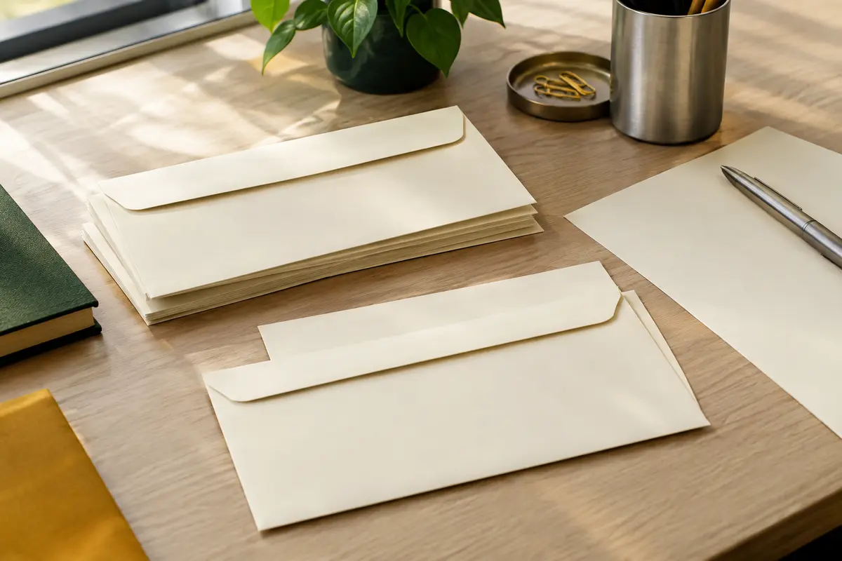 Enveloppes Clairefontaine Pollen ivoire au format C5, avec rabat gommé, disposées sur un bureau lumineux.