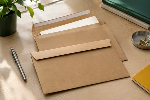 Pochettes kraft brun C4 sans fenêtre, avec fermeture auto-adhésive, posées près d’une feuille A4