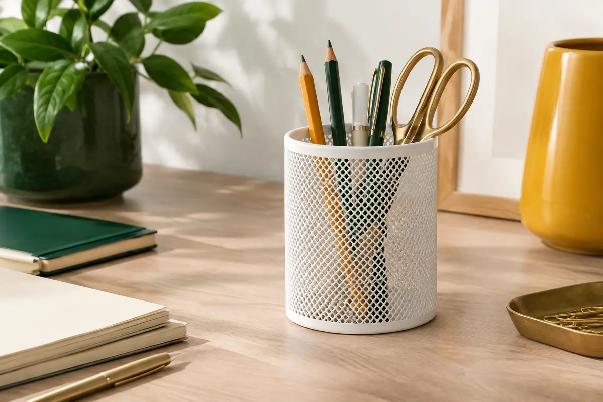 Pot à crayons rond en métal mesh blanc perlé posé sur un bureau clair avec des fournitures rangées.