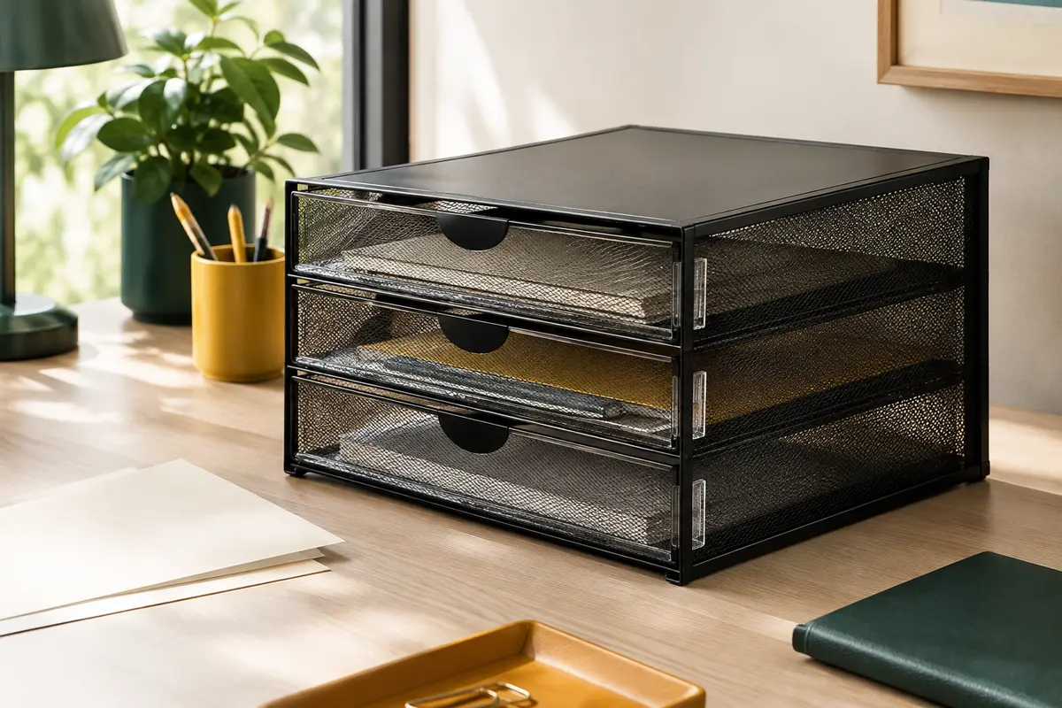 Organiseur de bureau noir à trois tiroirs en maille métallique posé sur un bureau rangé