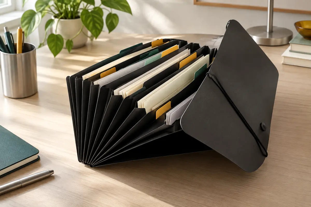Trieur accordéon noir ouvert, avec poches colorées et documents A4 classés sur un bureau clair.