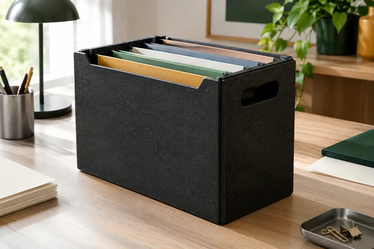 Boîte noire Djois avec cinq dossiers suspendus A4 colorés, posée sur un bureau rangé.