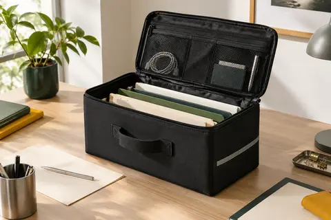 Boîte d’archives DocSafe noire ouverte, avec poches en maille, poignée et fermeture à glissière