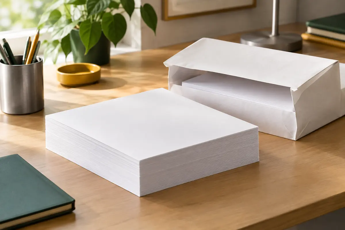 Pile de feuilles blanches A4 non couchées sur un bureau rangé avec un accessoire en métal mat