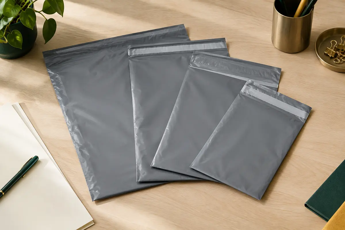 Pochettes d’expédition grises en polyéthylène, proposées en quatre formats avec fermeture autocollante