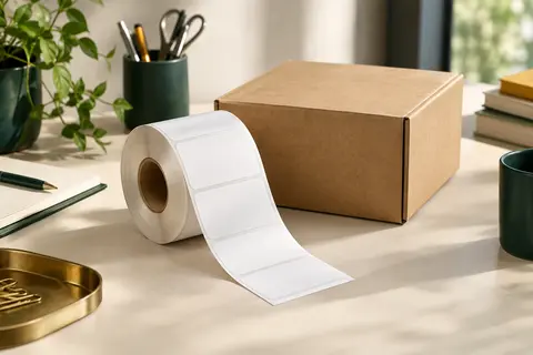 Rouleau blanc de 500 étiquettes thermiques rectangulaires posé à côté d’un carton d’expédition vierge