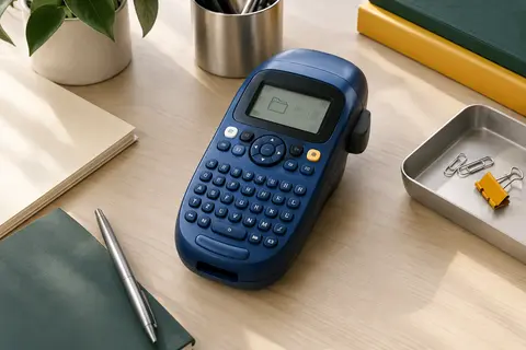 Étiqueteuse portable bleue avec écran LCD et clavier ABC posée sur un bureau clair et organisé.