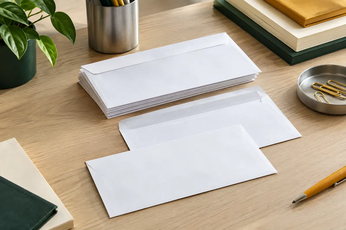 Lot d’enveloppes blanches ELCO au format DL, sans fenêtre et dotées d’une fermeture auto-adhésive.