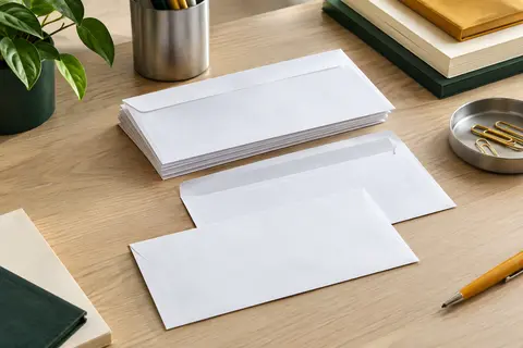 Lot d’enveloppes blanches ELCO au format DL, sans fenêtre et dotées d’une fermeture auto-adhésive.