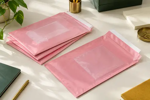 Pochettes d’expédition roses plates avec rabat adhésif et pochette intégrée, posées sur un bureau rangé.