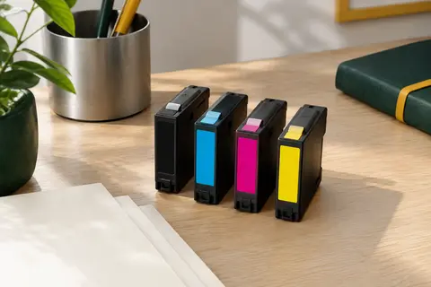 Quatre cartouches d’encre Epson 603, noire, cyan, magenta et jaune, présentées sur un bureau clair