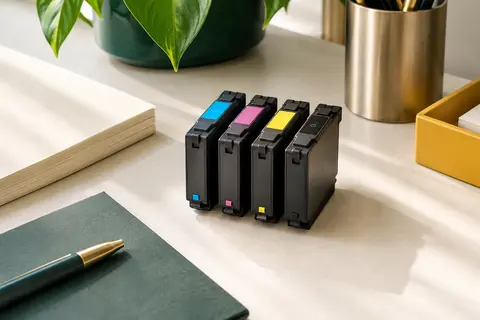 Quatre cartouches d’encre cyan, magenta, jaune et noire posées sur un bureau clair
