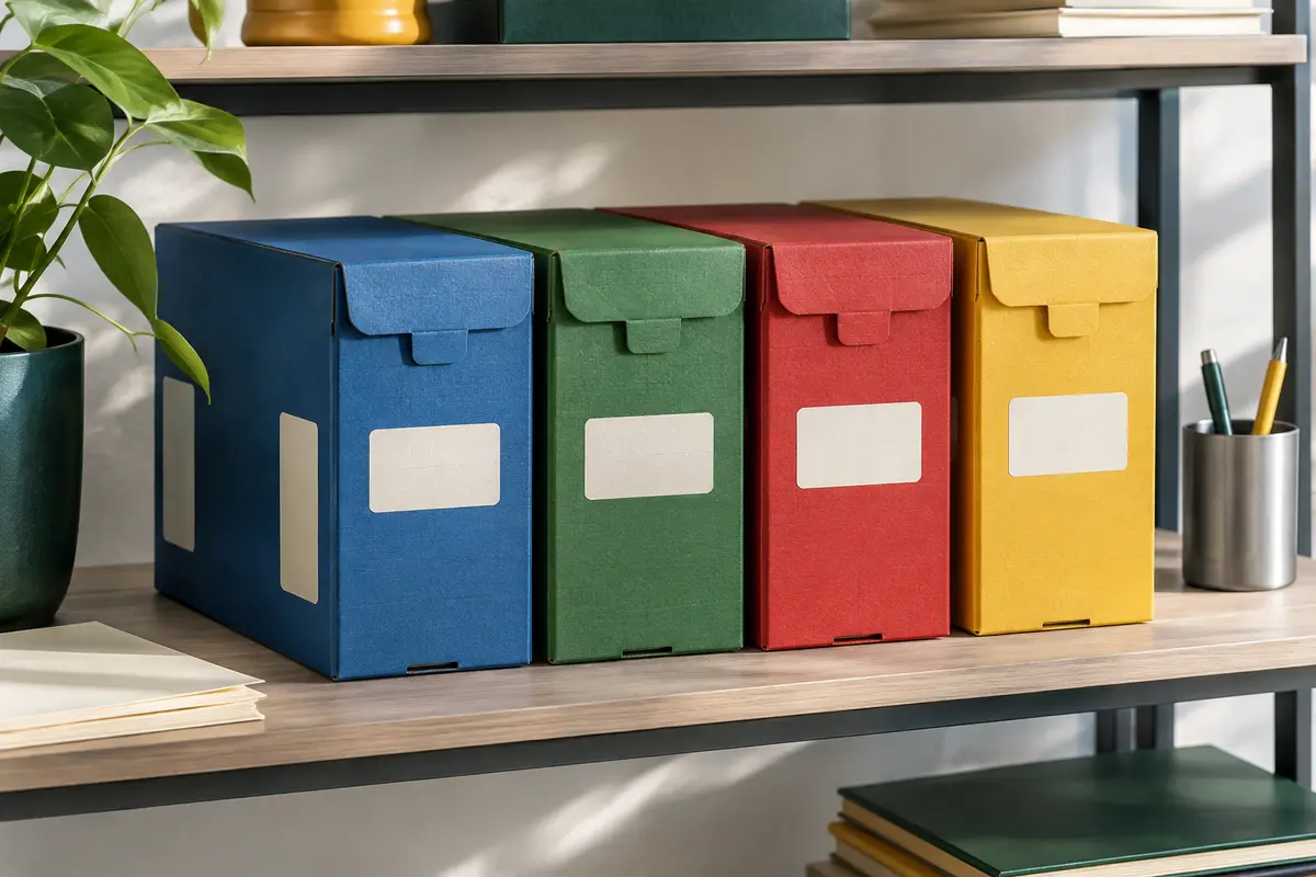 Boîtes d’archives en carton recyclé aux coloris assortis, rangées sur une étagère de bureau