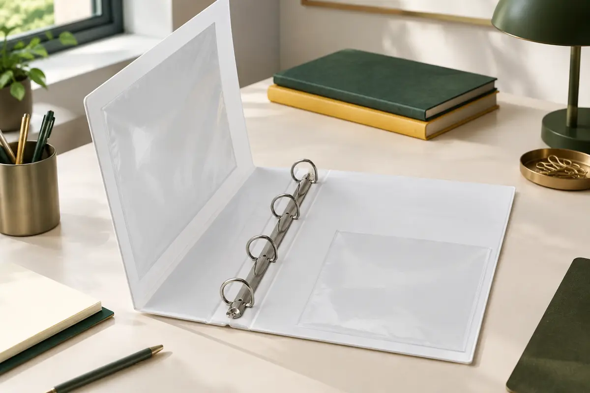 Classeur A4 blanc ouvert avec quatre anneaux en D et pochettes transparentes sur un bureau rangé.